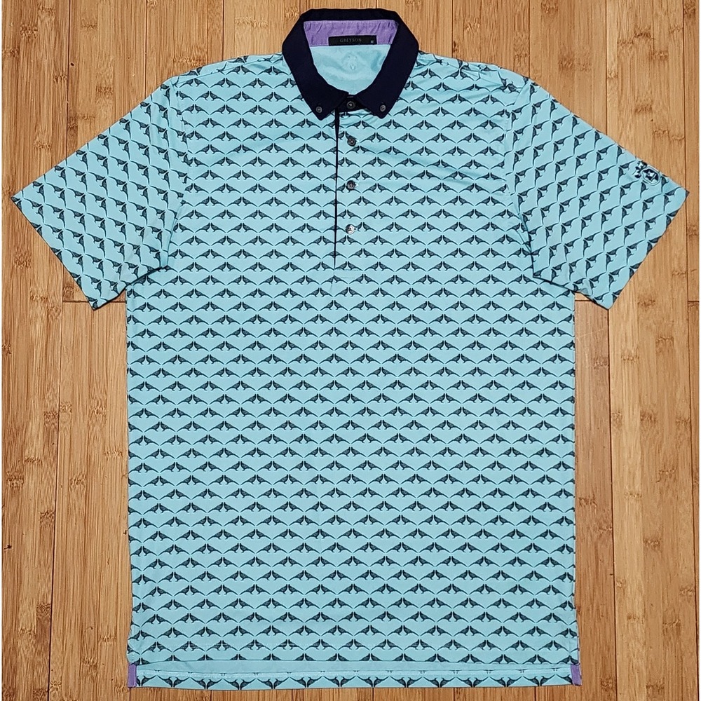 Greyson Men Medium Siamese Turtle Dove Golf Polo Skystone Blue Stretch Logo Club